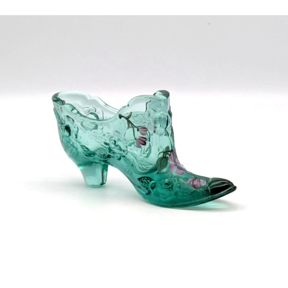 Fenton/ Sea Mist Green/Cabbage Rose Glass Slipper hand Painted D. Fredrick - Picture 1 of 7